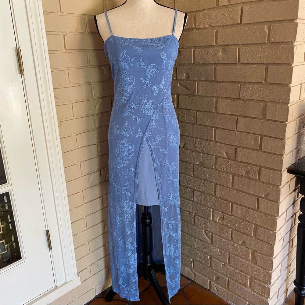 Vintage 00s y2k fairycore fairy Blue asymmetrical Going Out Maxi Dress Floral L - Picture 1 of 10